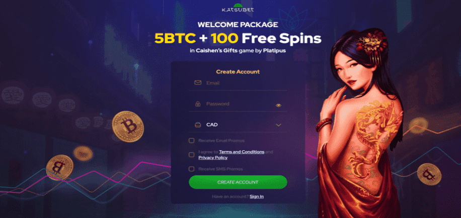 5btc + 100 Free spins at Katsubet for Canadian Players