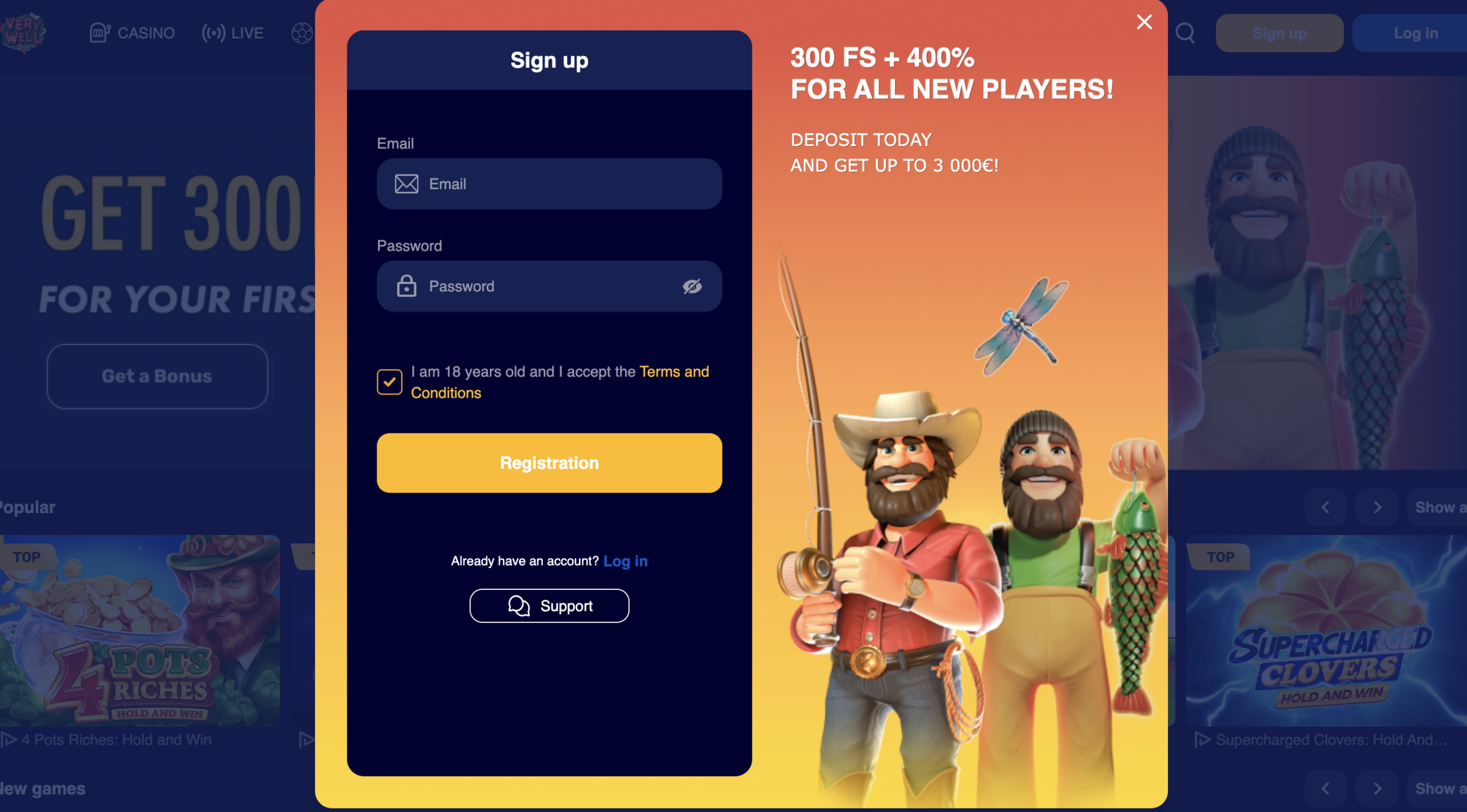 Very Well Casino - signup bonus