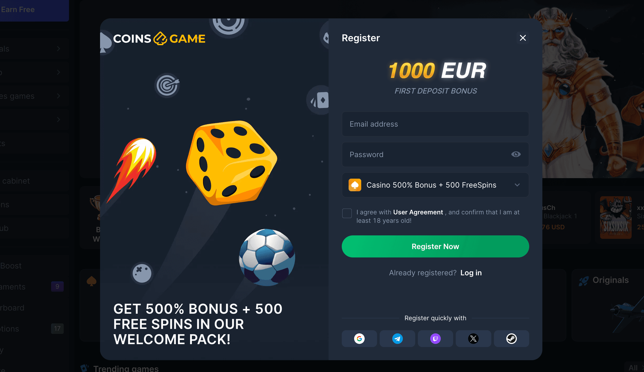 Coins.Game registration bonus