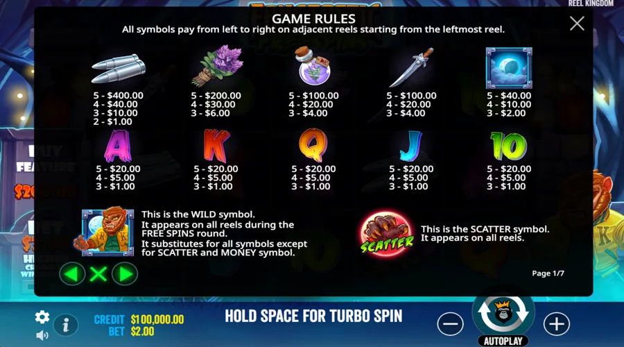 Fangtastic Freespins slot paytable