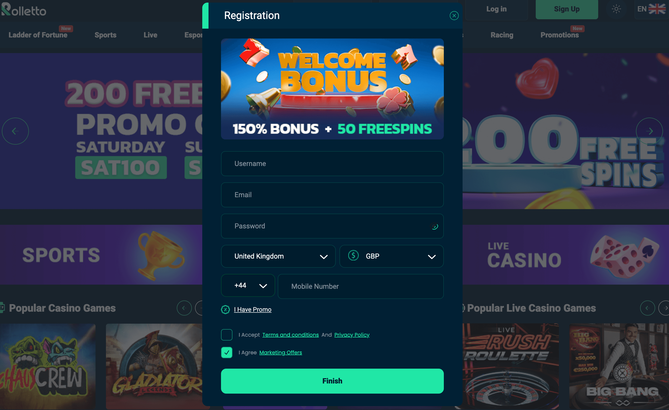 Rolletto Signup bonus