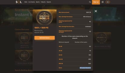 Sol Casino deposit bonus code
