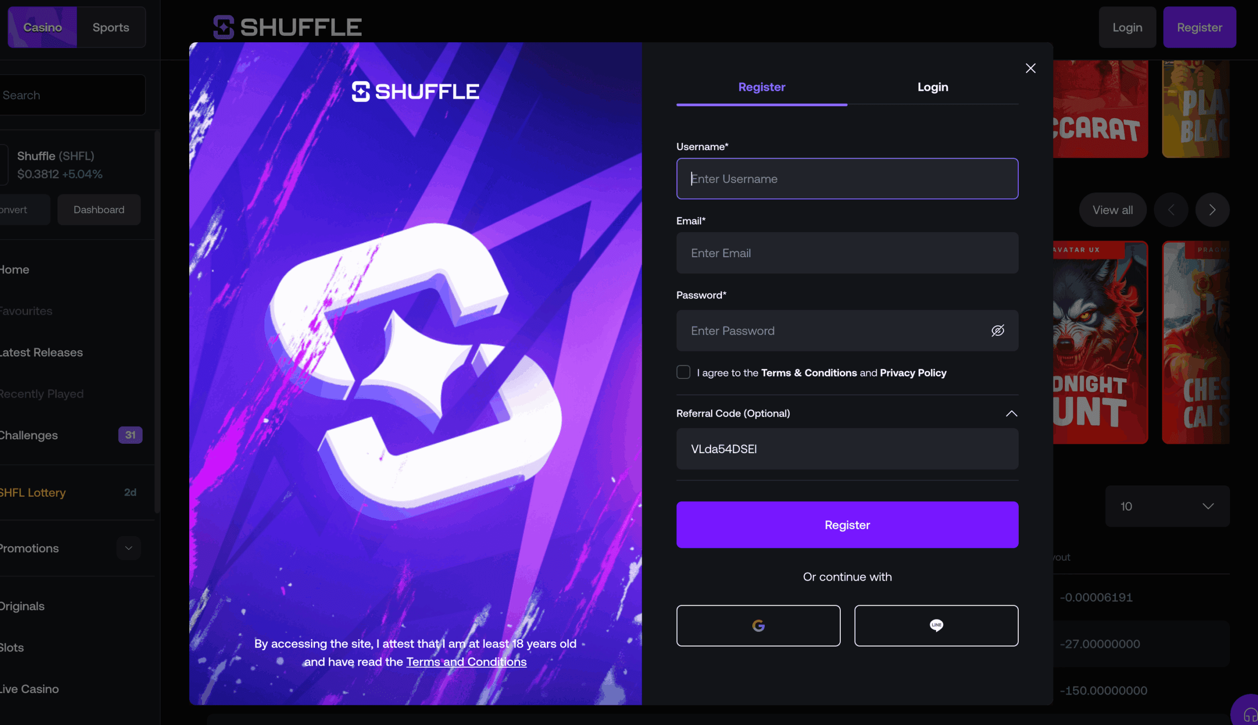 Shuffle Casino - registration bonus