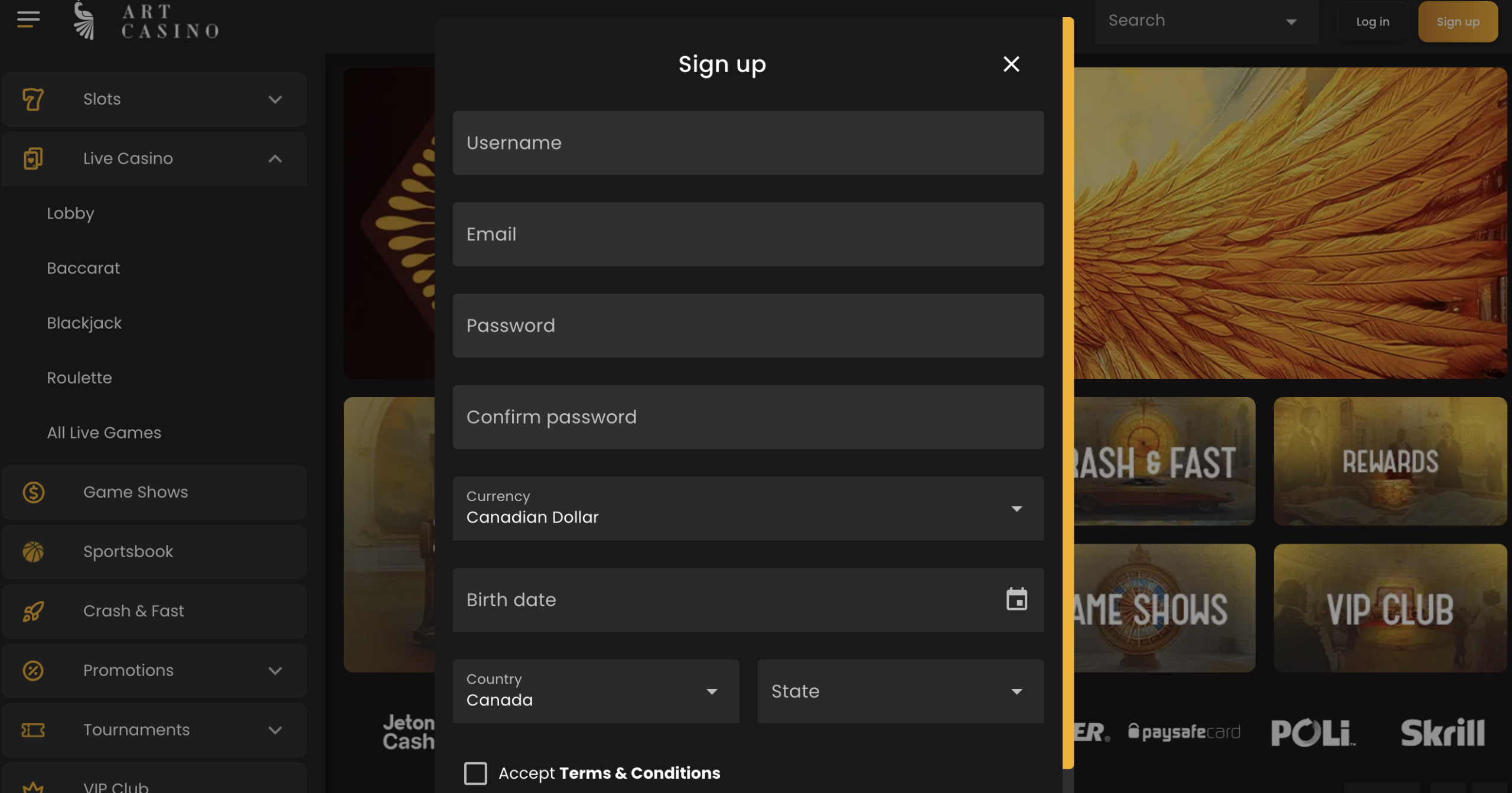 Art Casino signup process