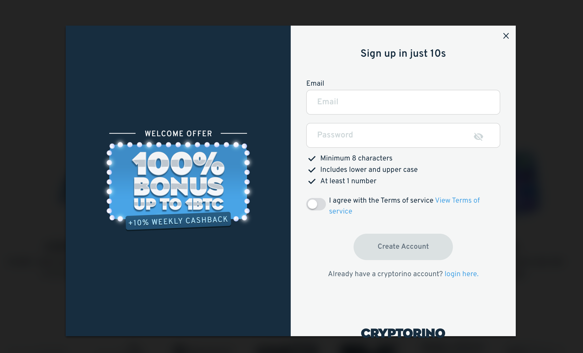 Cryptorino - signup process