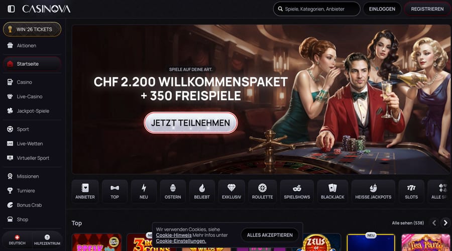 Casinova Casino CHF bonus