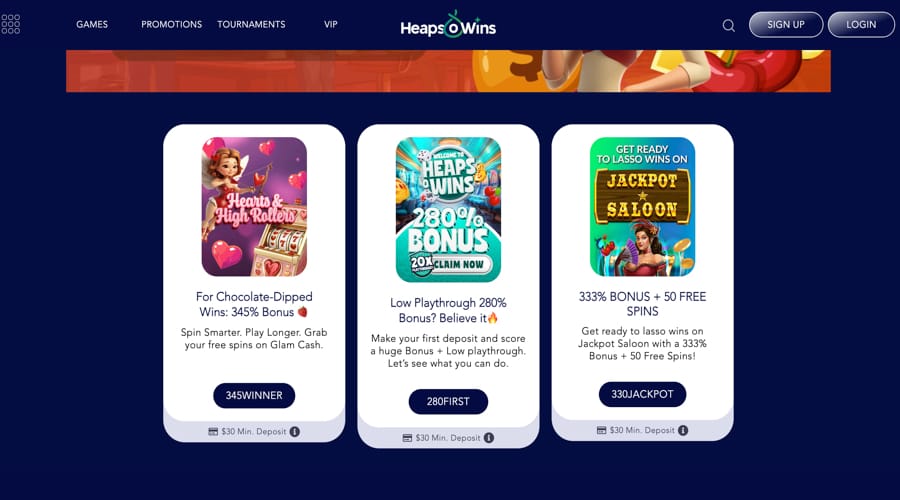 Heaps O' Wins Casino NZD Bonus