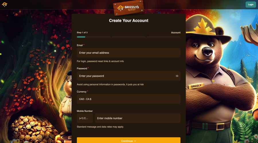 Grizzly's Quest Casino registration