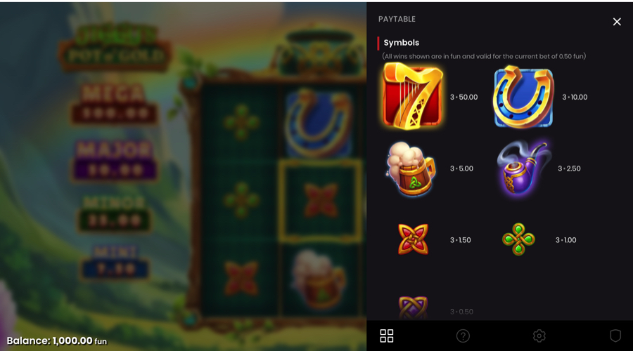 Jiggy's Pot O'Gold Slot paytable