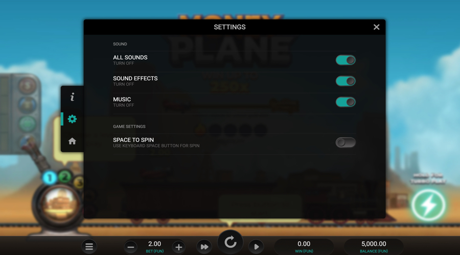 Money Plane crash game settings