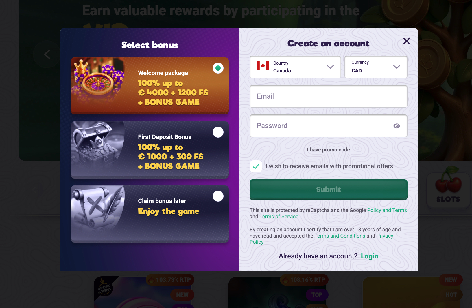 SafeCasino registration bonus
