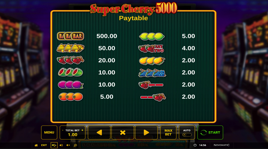 Super Cherry 5000 fruit machine paytable