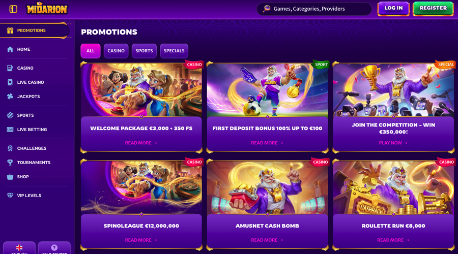 Midarion Casino Deposit + Cashback Bonuses