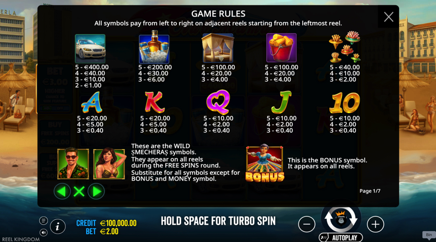 Club Mamaia slot paytable