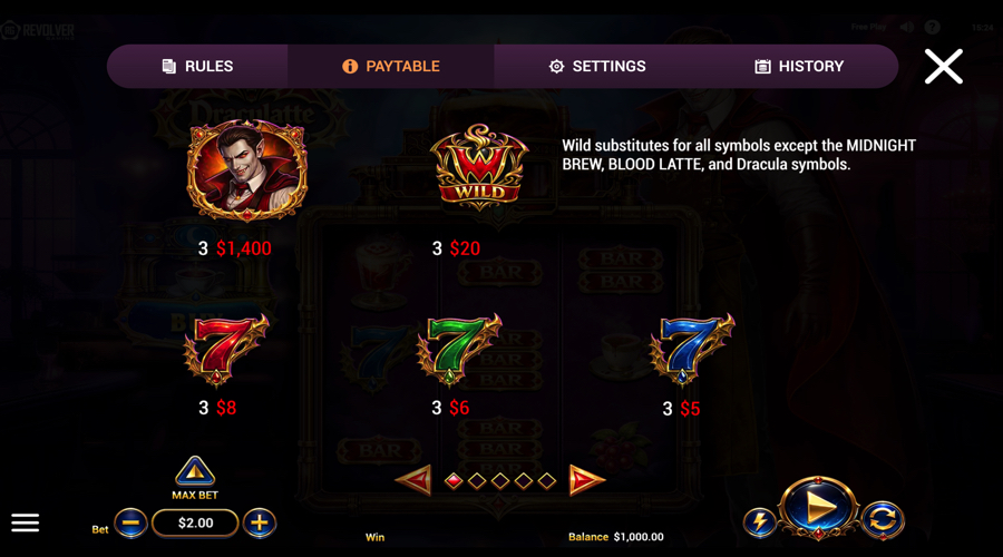 Draculatte 7s paytable