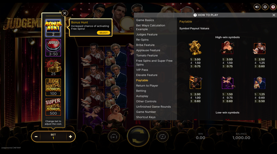 Judgemental slot paytable